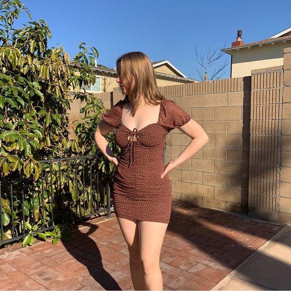Cotton Candy LA | Rust Brown Polka Dot Mini Dress - Picture 1 of 5